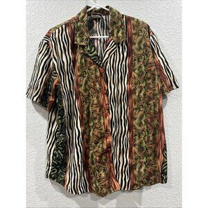 Tag Button Up Shirt Womens Large Multicolor Mixed Print Funky Retro Geek 90s Art
